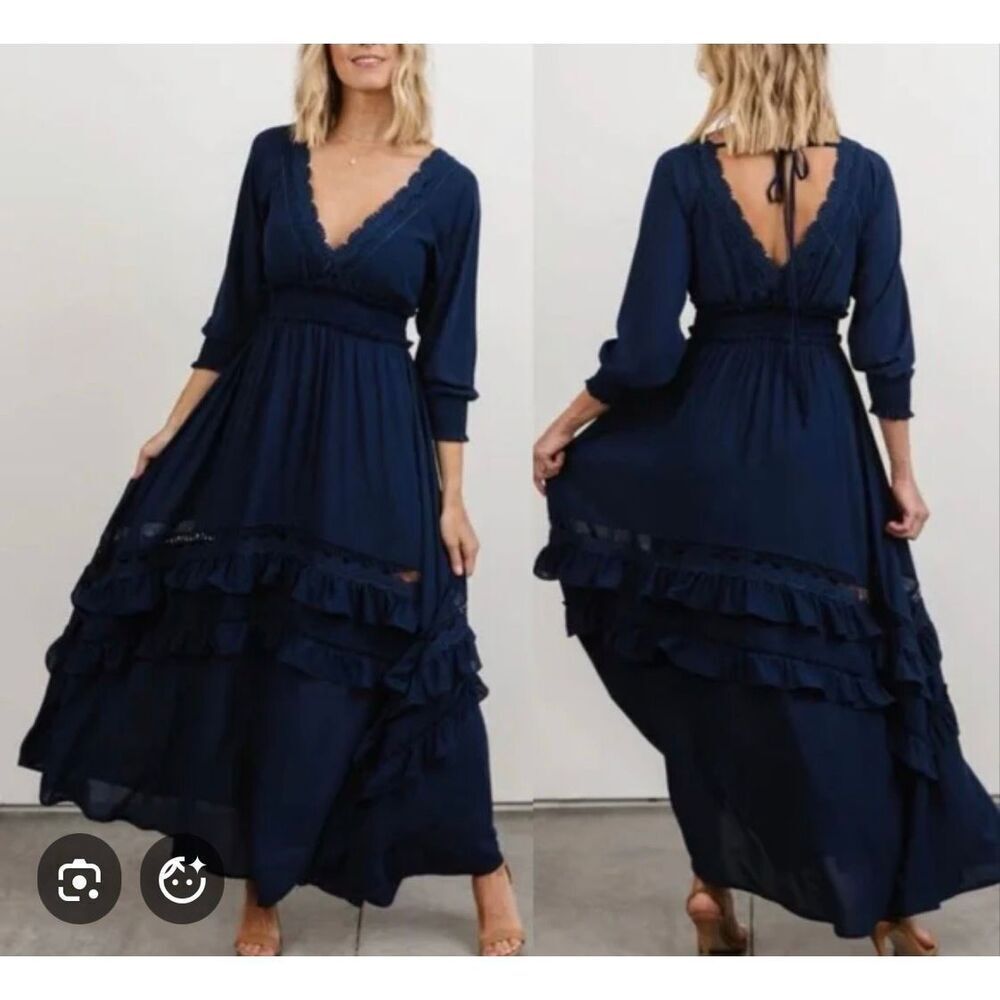 Baltic Born NWT Navy Blue Pippa Tiered Ruffle 3/4 Sleeve Maxi Dress Medium